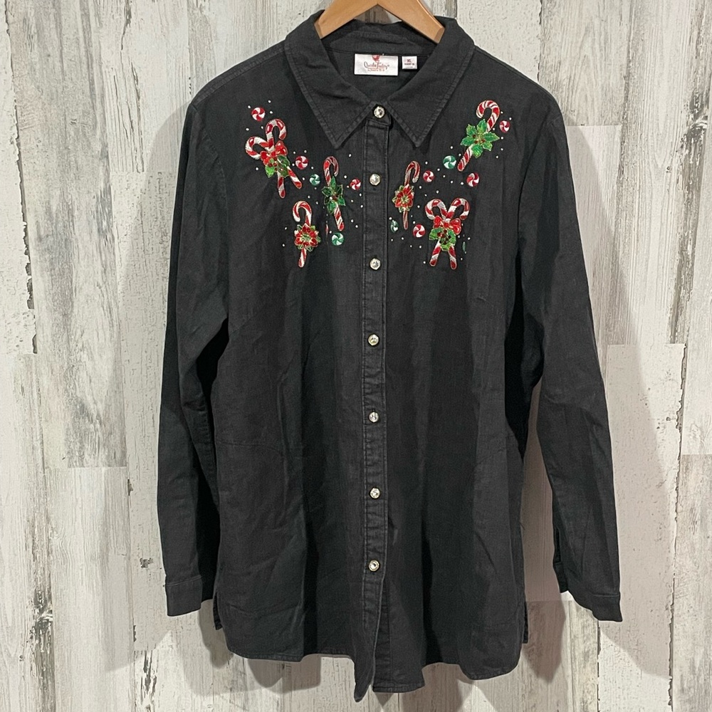 QUACKER FACTORY Candy Cane Christmas Button Down Size XL